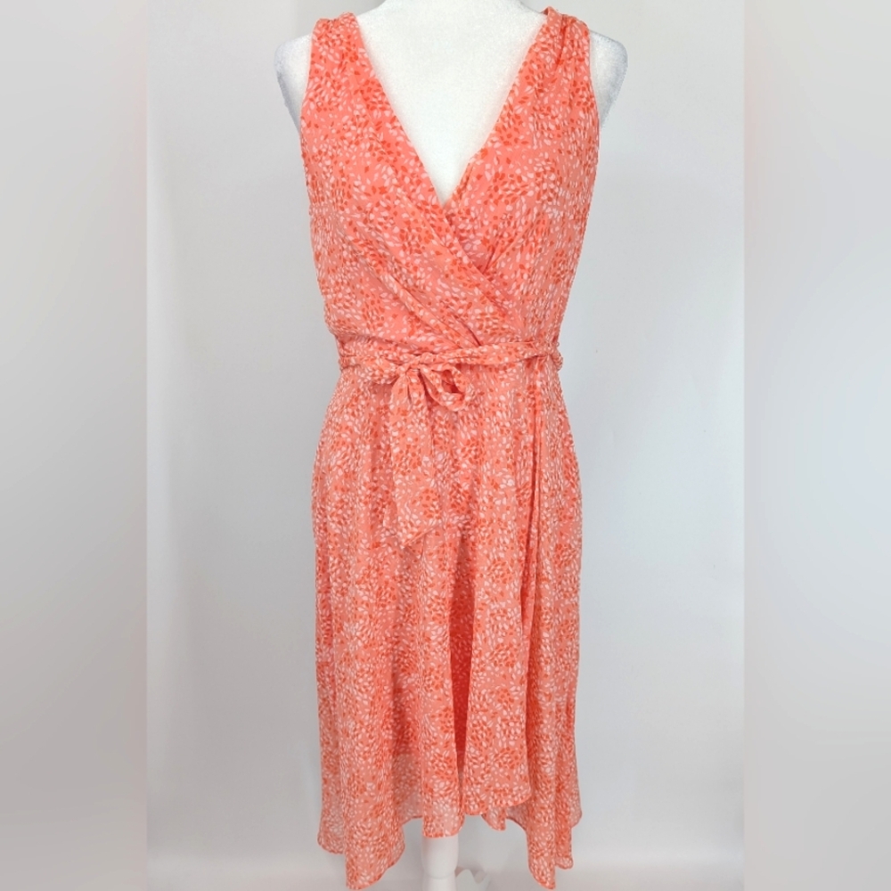 DKNY Donna Karan Coral Orange Pink Sleeveless High Low Faux Wrap Dress 8 NWT